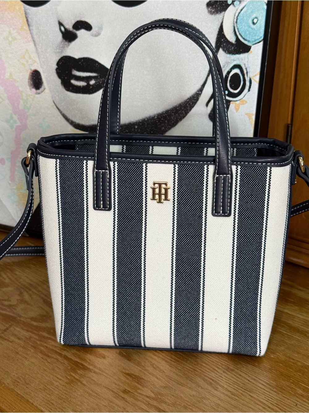 Tommy Hilfiger Navy & White Striped Canvas Tote with Gold Logo
